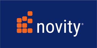 Novity logo on blue brand background